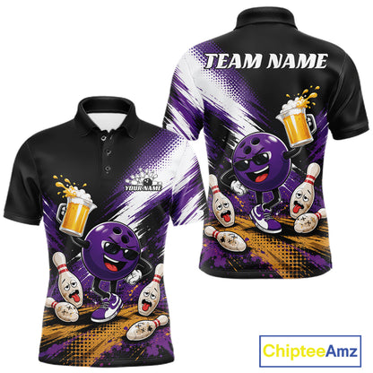Front and back views of a custom black short-sleeve polo shirt featuring a purple cartoon bowling ball character, bowling pins, beer mugs, and white text reading 'TEAM NAME' on the back. The shirt has a white, purple, and orange abstract graphic pattern.