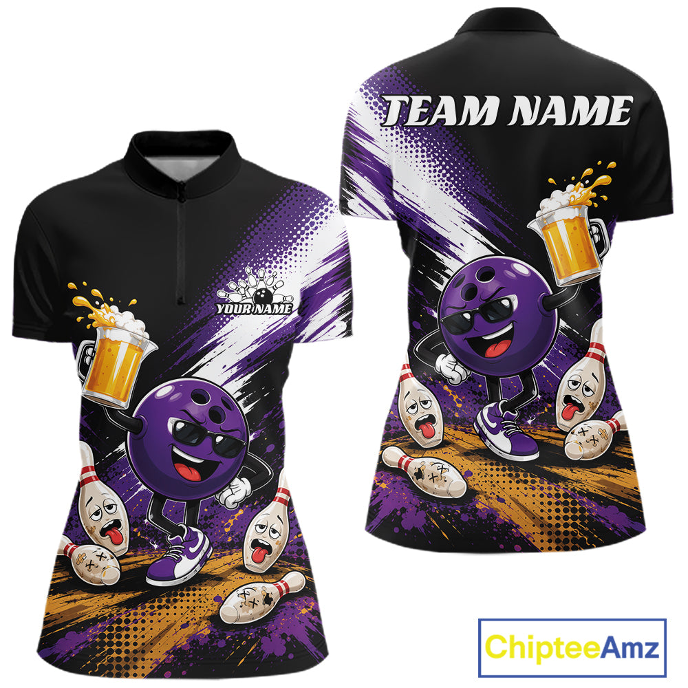 Custom Purple Funny Beer Bowling Women Quarter-Zip Shirt, Drinking Beer Bowling Jersey IPHW11845