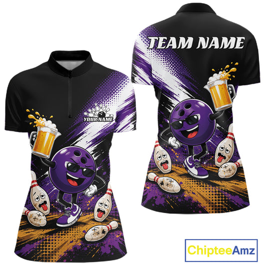 Custom Purple Funny Beer Bowling Women Quarter-Zip Shirt, Drinking Beer Bowling Jersey IPHW11845