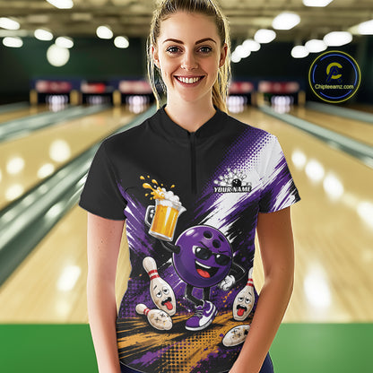 Custom Purple Funny Beer Bowling Women Quarter-Zip Shirt, Drinking Beer Bowling Jersey IPHW11845
