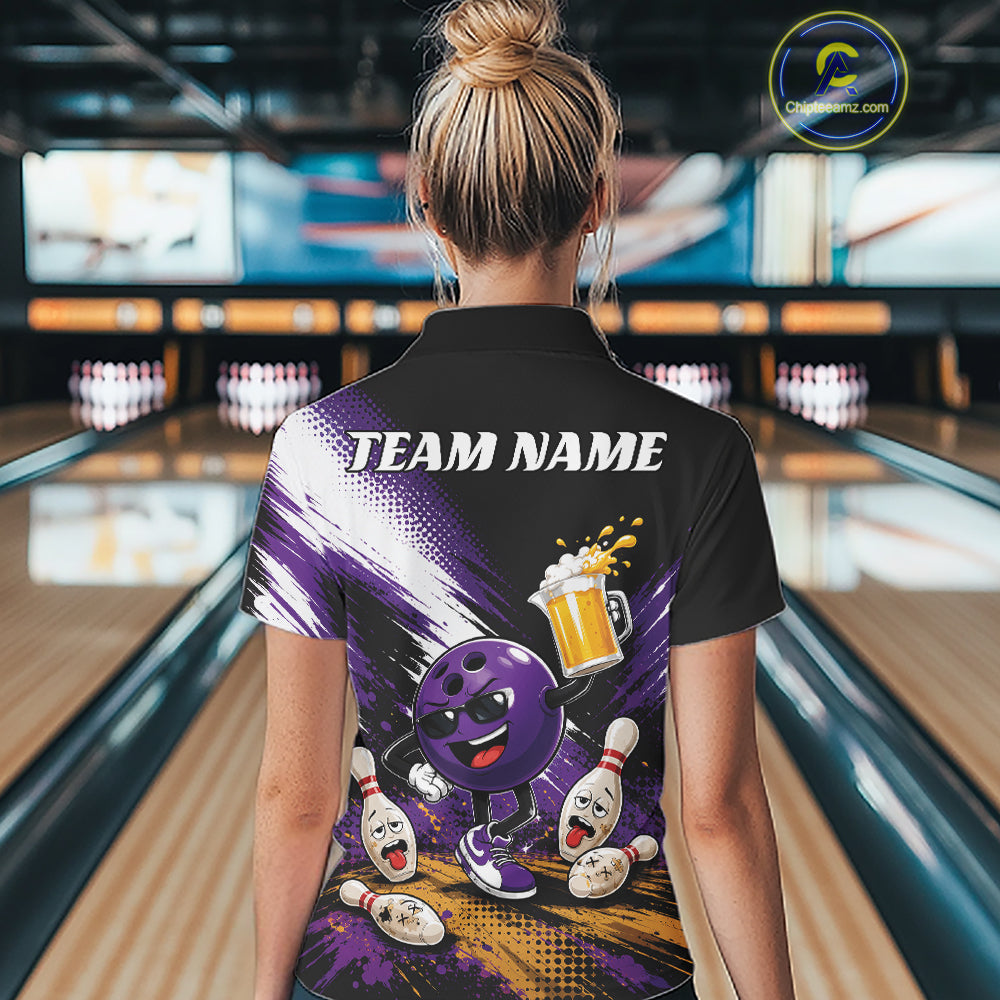 Custom Purple Funny Beer Bowling Women Quarter-Zip Shirt, Drinking Beer Bowling Jersey IPHW11845