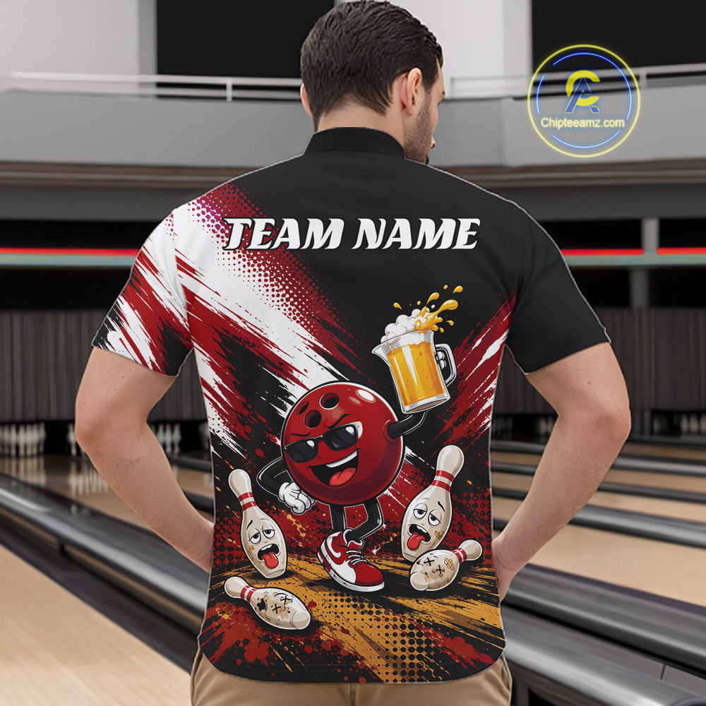 A man viewed from behind wearing a custom bowling-themed short-sleeve quarter zip shirt with a cartoon bowling ball character, bowling pins, and the text 'TEAM NAME' on the back.