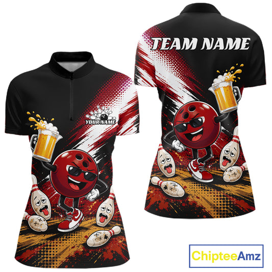 Custom Red Funny Beer Bowling Women Quarter-Zip Shirt, Drinking Beer Bowling Jersey IPHW11846