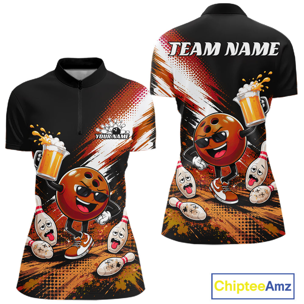 Custom Orange Funny Beer Bowling Women Quarter-Zip Shirt, Drinking Beer Bowling Jersey IPHW11847