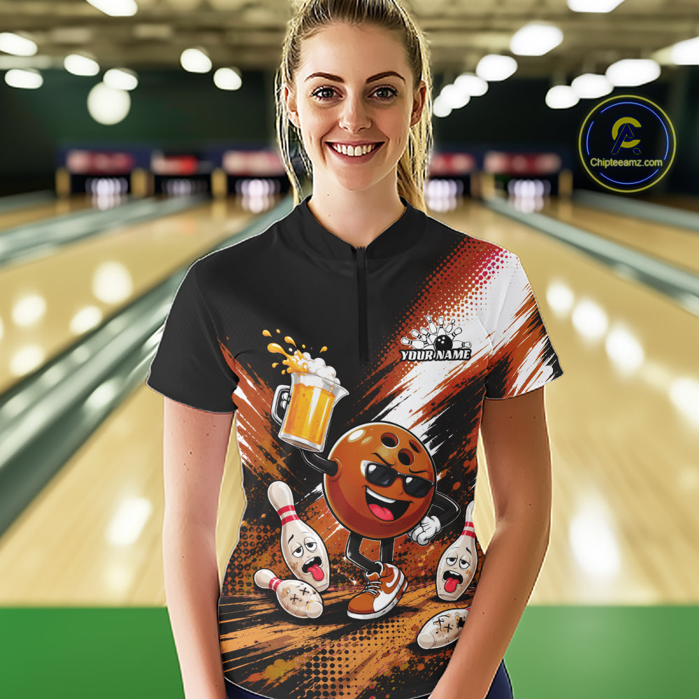 Custom Orange Funny Beer Bowling Women Quarter-Zip Shirt, Drinking Beer Bowling Jersey IPHW11847