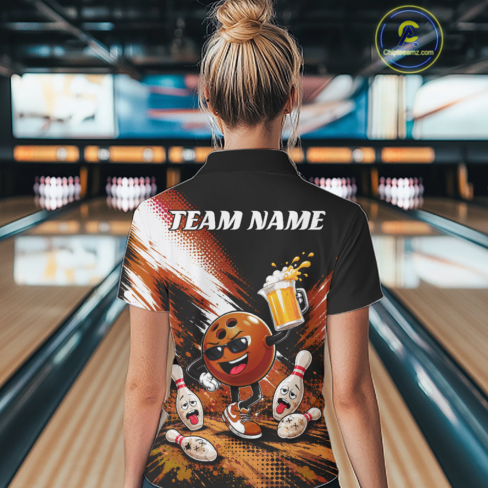 Custom Orange Funny Beer Bowling Women Quarter-Zip Shirt, Drinking Beer Bowling Jersey IPHW11847