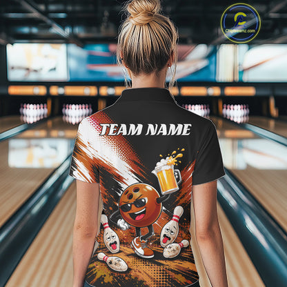 Custom Orange Funny Beer Bowling Women Quarter-Zip Shirt, Drinking Beer Bowling Jersey IPHW11847