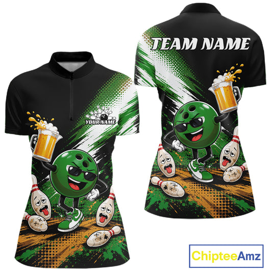 Custom Green Funny Beer Bowling Women Quarter-Zip Shirt, Drinking Beer Bowling Jersey IPHW11848