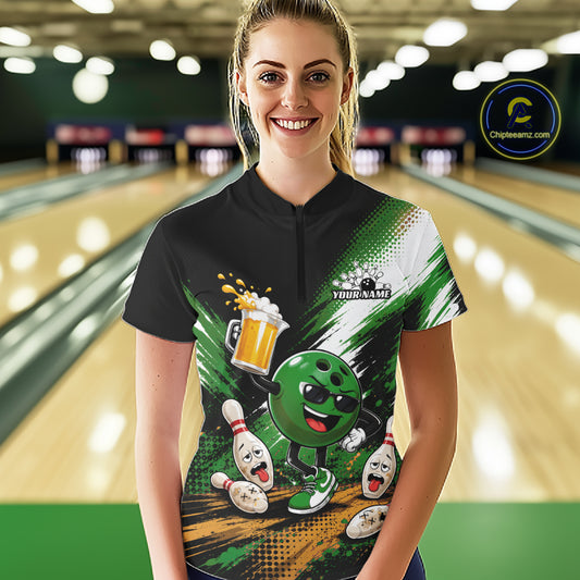 Custom Green Funny Beer Bowling Women Quarter-Zip Shirt, Drinking Beer Bowling Jersey IPHW11848