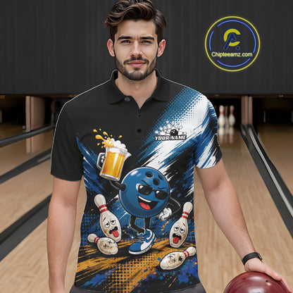 A man wearing a black short-sleeve polo shirt with a colorful bowling-themed graphic print, standing in a bowling alley holding a bowling ball. The shirt features a blue cartoon bowling ball character, bowling pins, a beer mug, and a 'YOURNAME' 