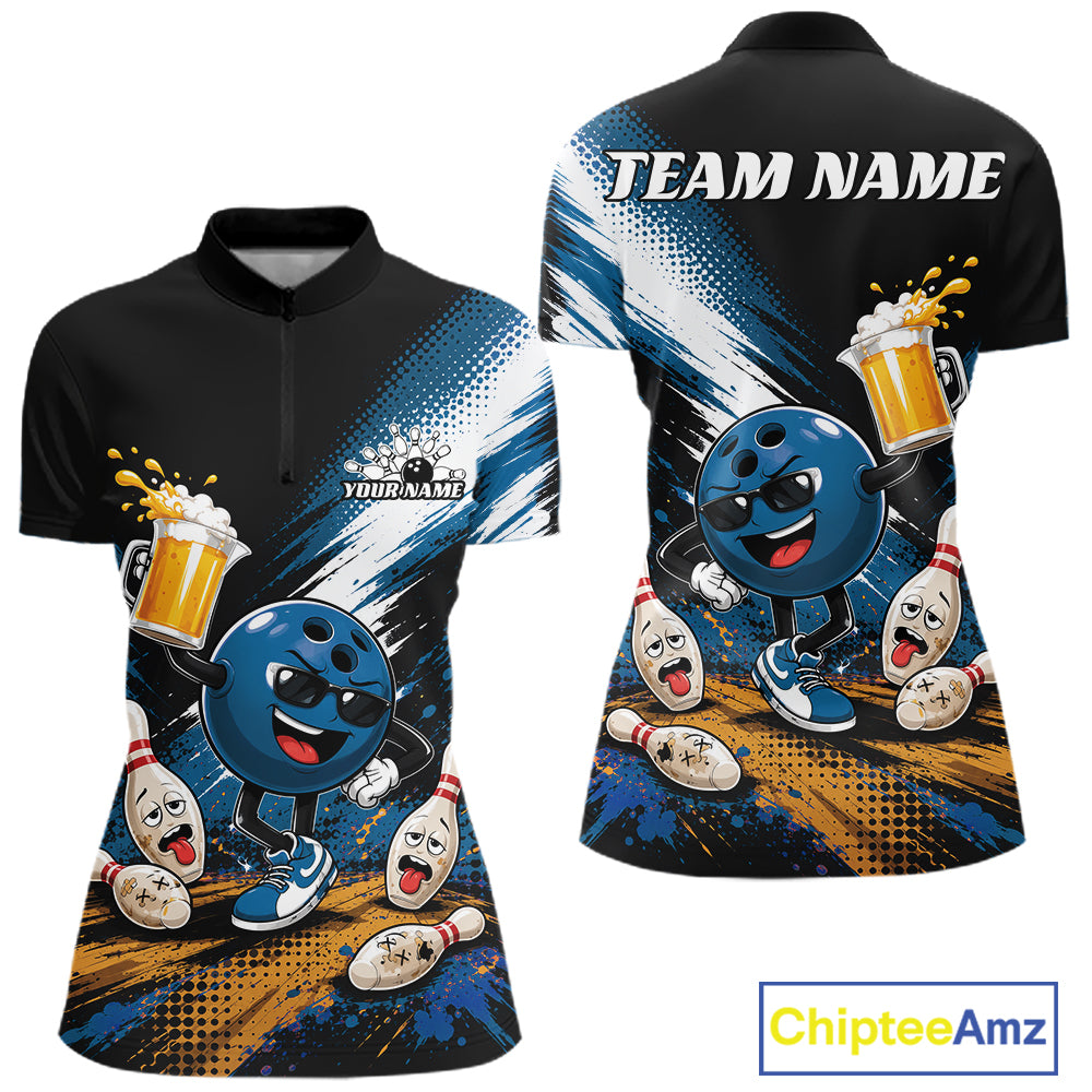 Custom Blue Funny Beer Bowling Women Quarter-Zip Shirt, Drinking Beer Bowling Jersey IPHW11849