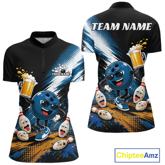 Custom Blue Funny Beer Bowling Women Quarter-Zip Shirt, Drinking Beer Bowling Jersey IPHW11849