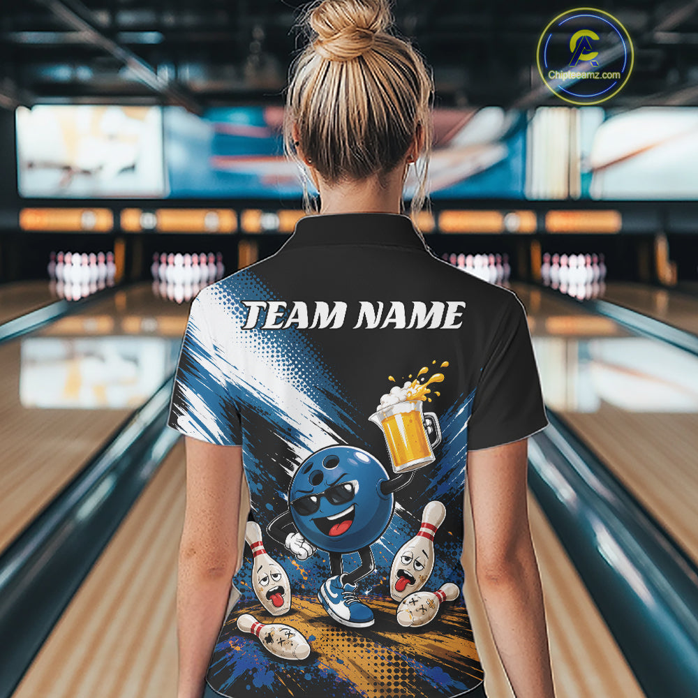 Custom Blue Funny Beer Bowling Women Quarter-Zip Shirt, Drinking Beer Bowling Jersey IPHW11849