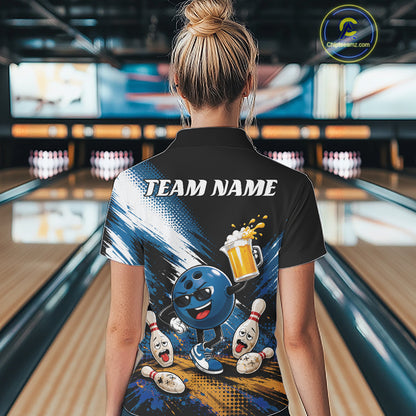 Custom Blue Funny Beer Bowling Women Quarter-Zip Shirt, Drinking Beer Bowling Jersey IPHW11849
