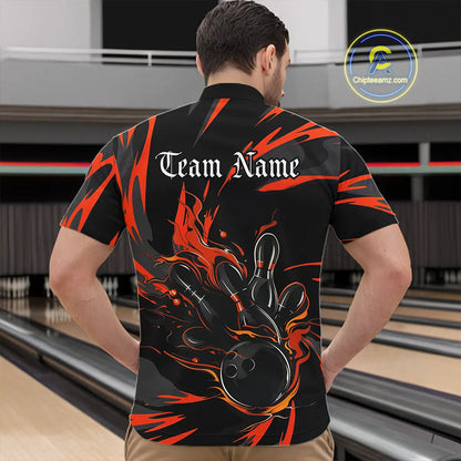 Black And Orange Custom Flame Bowling Shirts For Men, Bowling Team Shirt Bowling Uniform Outfit IPHW7400