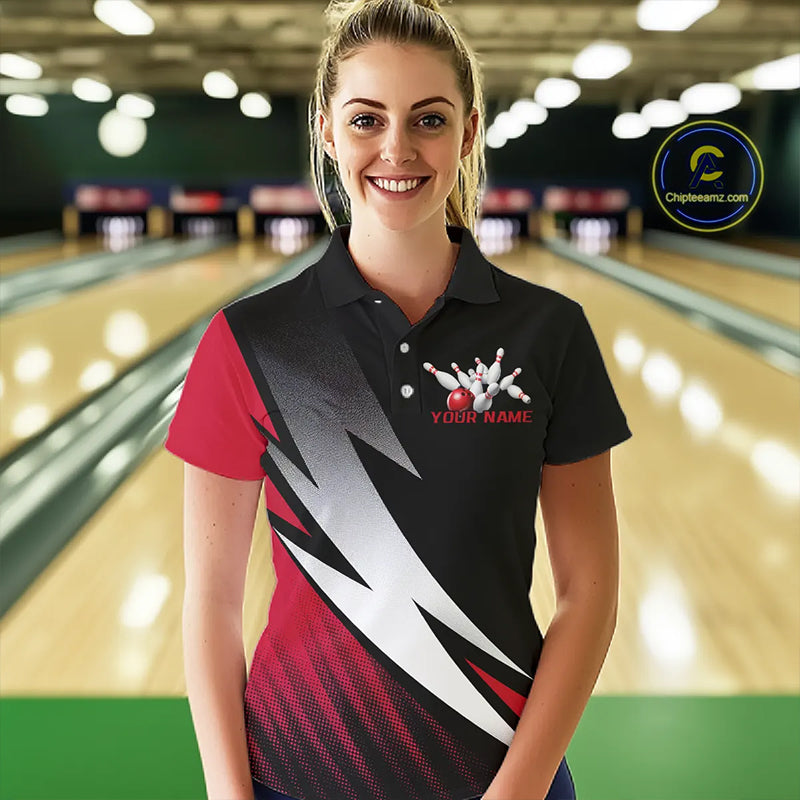 Black And Red Custom Bowling Jerseys, Bowling Team Shirts For Women Bowling Outfits IPHW7706