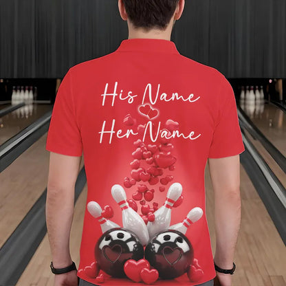 Custom Valentine Day Bowling Red Polo Shirts For Men, Romance Bowling Couple Outfits IPHW8352
