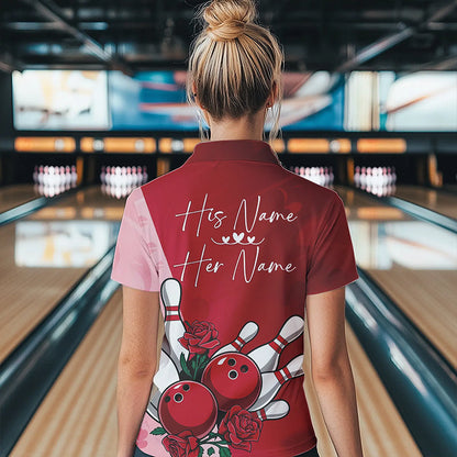 Bowling And Red Roses Custom Valentine Bowling Quarter-Zip Shirts For Women Bowling Couple IPHW8354