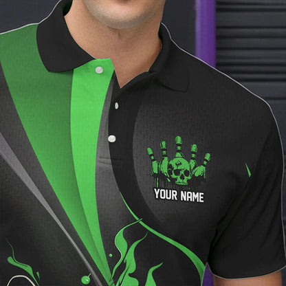 Custom Black And Green Flame Bowling Polo Shirts For Men, Fire Bowling Team Shirt IPHW8540