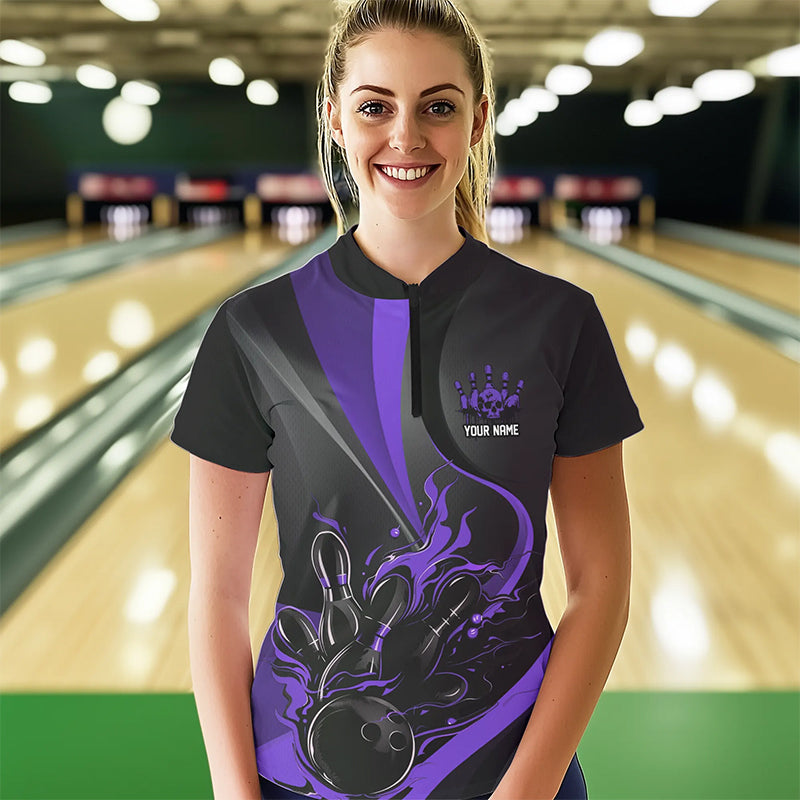 Custom Black And Purple Flame Bowling Quarter-Zip Shirts For Women, Fire Bowling Team Shirt IPHW8541