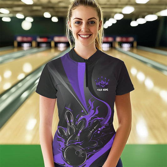 Custom Black And Purple Flame Bowling Quarter-Zip Shirts For Women, Fire Bowling Team Shirt IPHW8541
