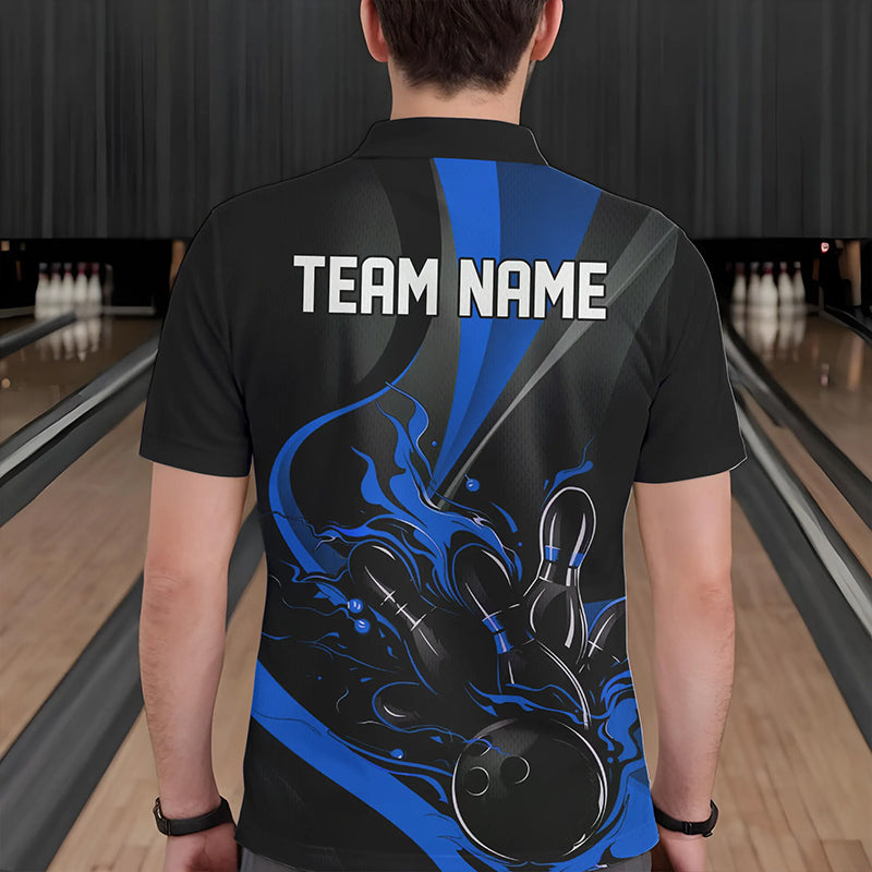 Custom Black And Blue Flame Bowling Polo Shirts For Men, Fire Bowling Team Shirt IPHW8542