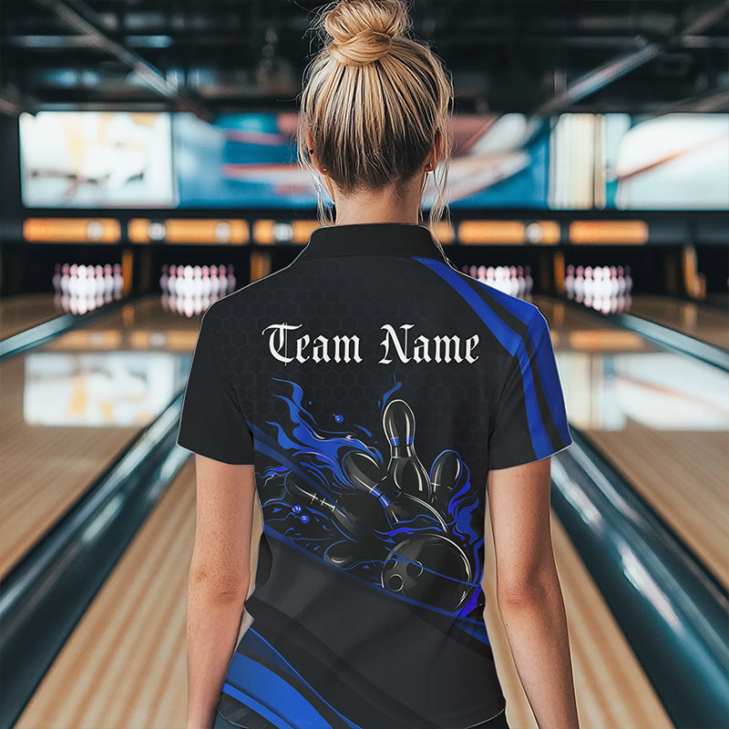 Custom Black And Blue Flame Bowling Womens Quarter-Zip Shirt, Bowling Tournament Team Shirt IPHW8544