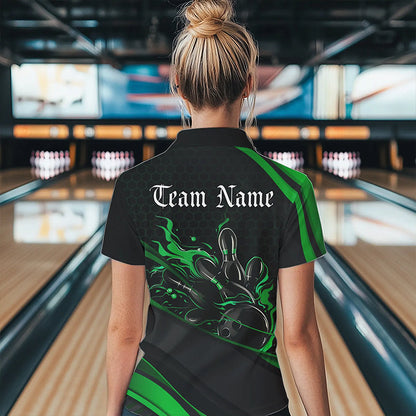 Custom Black And Green Flame Bowling Womens Quarter-Zip Shirt, Bowling Tournament Shirt IPHW8545