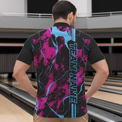 Custom Pink And Blue Strike Bowling Quarter-Zip Shirts For Men, Bowling League Team Uniform IPHW8859