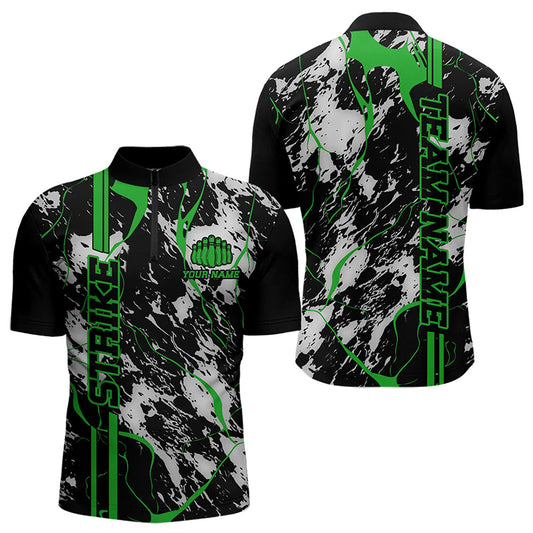 Custom Gray And Green Strike Bowling Quarter-Zip Shirts For Men, Bowling League Team Uniform IPHW8862