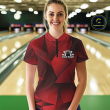 Load image into Gallery viewer, Woman wearing a red and black bowling shirt with a personalized design in a bowling alley.