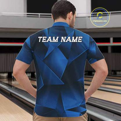 Man wearing a blue bowling shirt with 'TEAM NAME' on the back in a bowling alley.