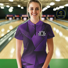 Load image into Gallery viewer, Woman wearing a purple bowling shirt with a personalized design in a bowling alley.