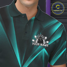 Load image into Gallery viewer, Teal and black polo shirt with a bowling design and 'Your Name' text, brand logo visible.