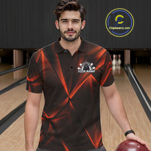 Load image into Gallery viewer, Man in a red and black polo shirt with a logo on a bowling alley.