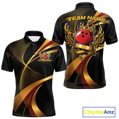 Bowling jersey with gold and red design on a black background, featuring 'Team Name' and 'Your Name' text.
