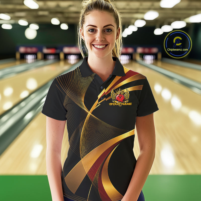 Woman wearing a custom bowling shirt with a logo in a bowling alley