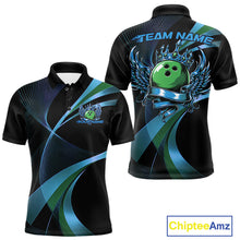 Load image into Gallery viewer, Black bowling shirt with green bowling ball design on a white background, featuring 'Chiptee Amz' branding.