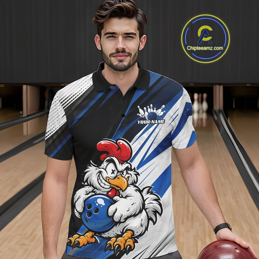 A man wearing a bowling-themed short-sleeve polo shirt with a cartoon rooster holding a blue bowling ball, set against a bowling alley background. A circular 'Chipeeamz.