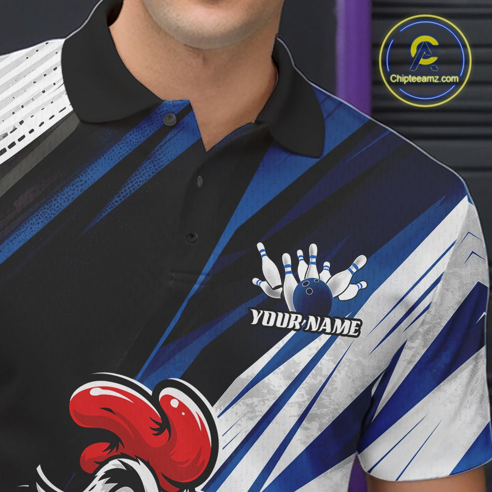 A close-up of a man wearing a custom bowling-themed polo shirt. The shirt features a black collar, diagonal blue and white stripes, a bowling pin and ball graphic, and a red bowling glove graphic.