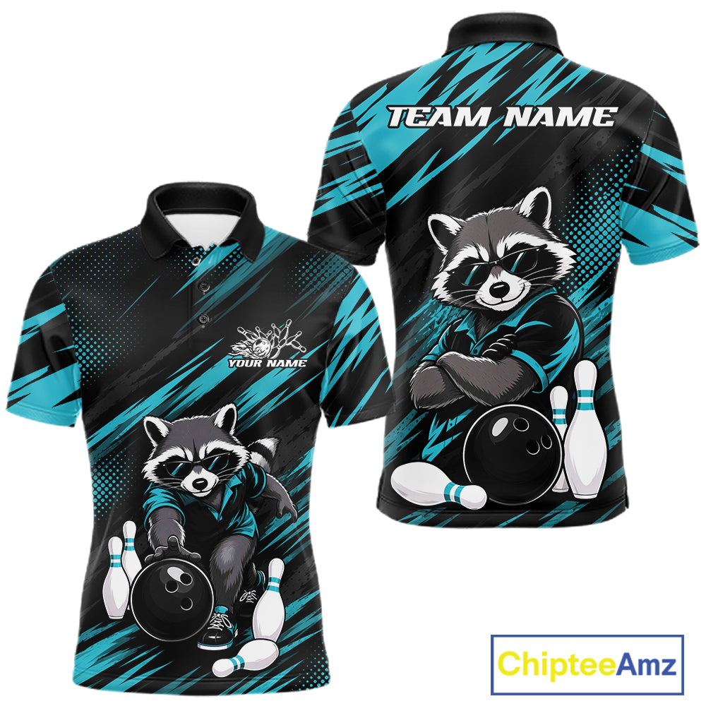 Front and back views of a short-sleeve polo shirt featuring a cartoon raccoon bowling design on a black and teal patterned background, with placeholder text 'TEAM NAME' and 'YOUR NAME' on the shirt.