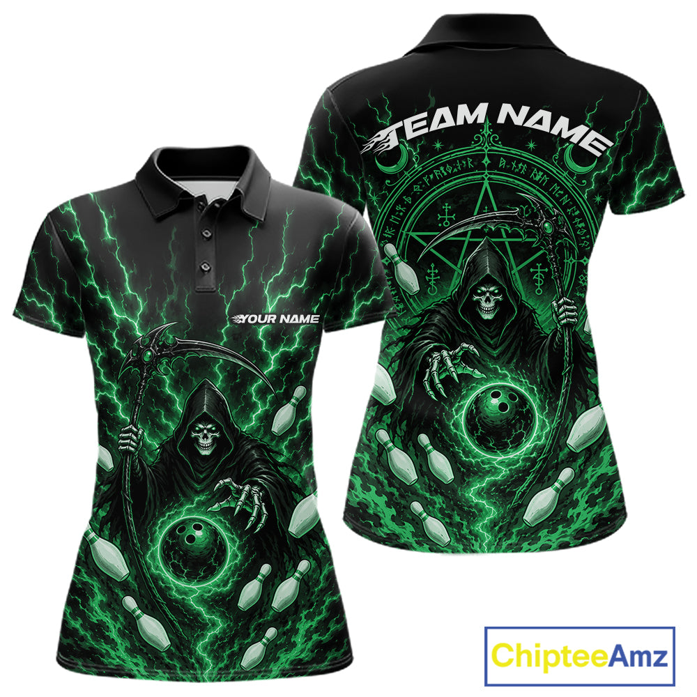 A black womens short-sleeve polo shirt shown from the front and back, featuring a vivid green and black graphic of a hooded grim reaper surrounded by lightning, glowing orbs, and occult symbols. The front has placeholder text reading 'YOUR NAME' and 'TEAM NAME' on the chest