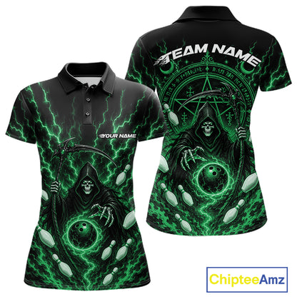 A black womens short-sleeve polo shirt shown from the front and back, featuring a vivid green and black graphic of a hooded grim reaper surrounded by lightning, glowing orbs, and occult symbols. The front has placeholder text reading 'YOUR NAME' and 'TEAM NAME' on the chest