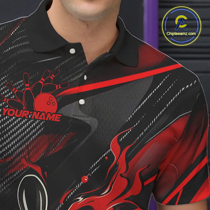 Black And Red Custom Flame Bowling Shirts For Men, Fire Bowling Team Shirt Bowler Jersey IPHW7931