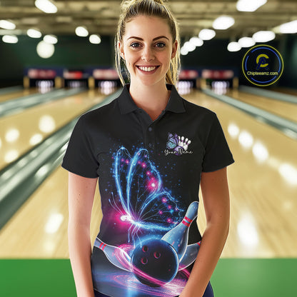 Custom Blue And Pink Galaxy Butterfly Bowling Women Polo Shirts, Ladies Bowling Team Outfit IPHW10243