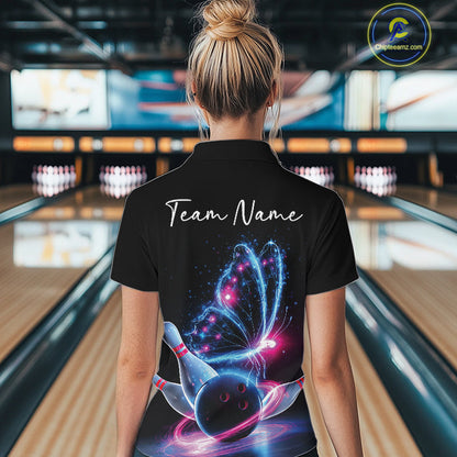 Custom Blue And Pink Galaxy Butterfly Bowling Women Polo Shirts, Ladies Bowling Team Outfit IPHW10243