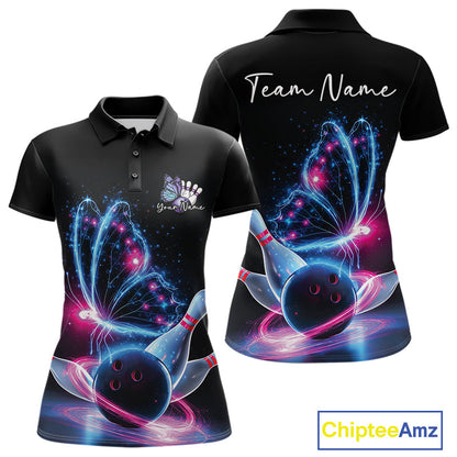 Custom Blue And Pink Galaxy Butterfly Bowling Women Polo Shirts, Ladies Bowling Team Outfit IPHW10243