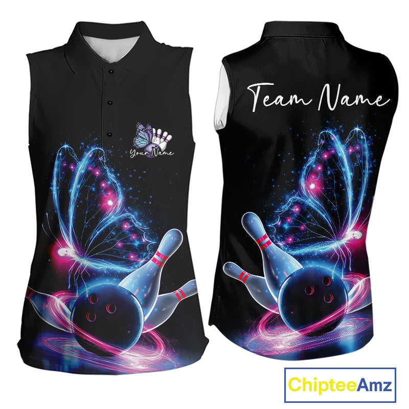 Custom Blue And Pink Galaxy Butterfly Bowling Women Sleeveless Shirts, Ladies Bowling Team Outfit IPHW10243