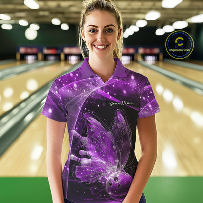 Custom Ethereal Purple Butterfly Bowling Team Women Polo Shirts, Ladies Bowling Outfit IPHW10245