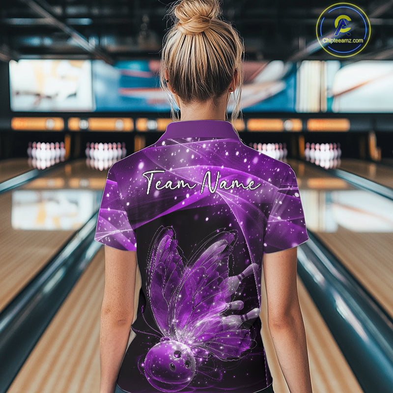 Custom Ethereal Purple Butterfly Bowling Team Women Polo Shirts, Ladies Bowling Outfit IPHW10245